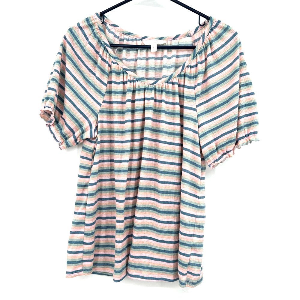 LC Lauren Conrad size large pink blue striped short sleeve‎ blouse top shirt